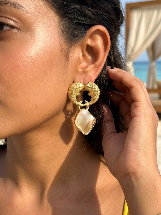 Golden Pisces Mother Of Pearl Handmade Brass Earrings