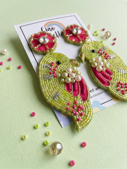 Blooming Birdie Lime Green Pink Handmade Beaded Earrings