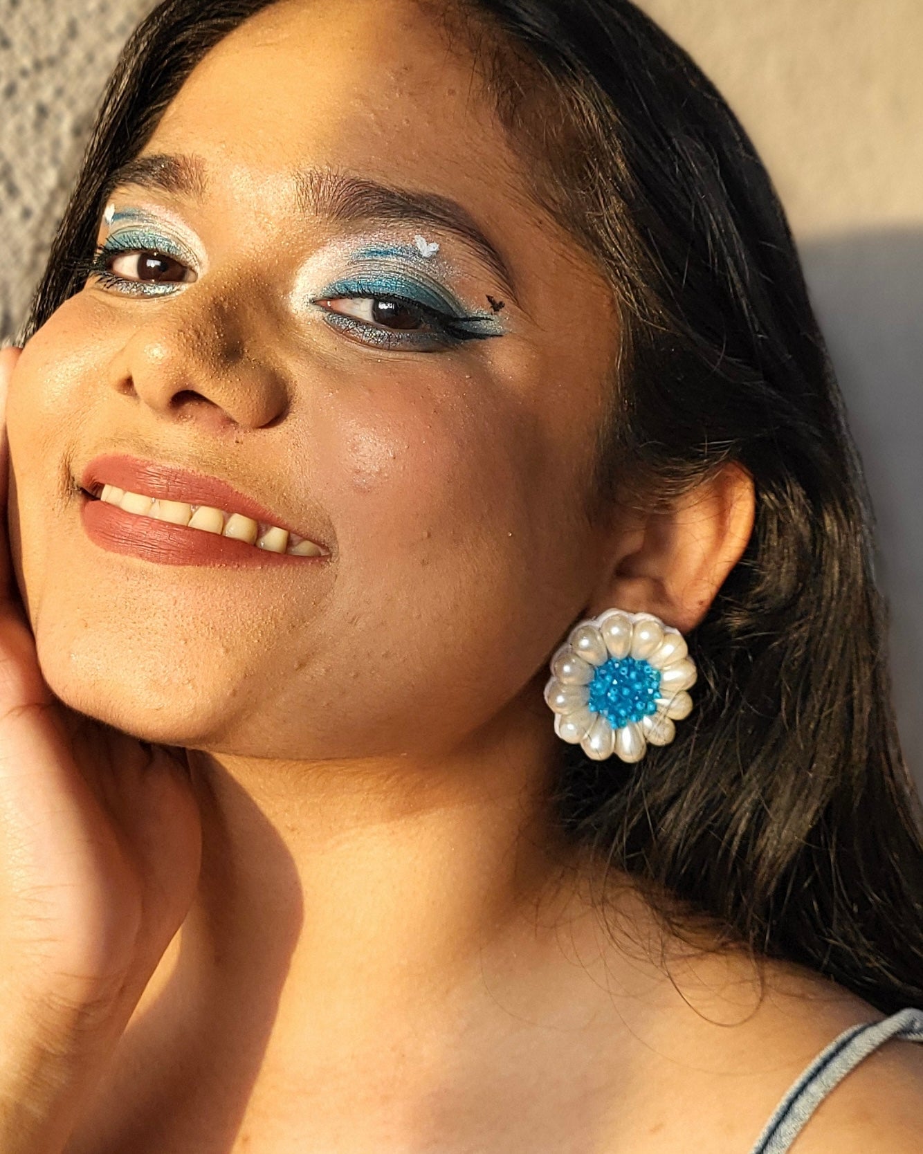 Cool Blue Daisy Stud Handmade Beaded Flower Earrings