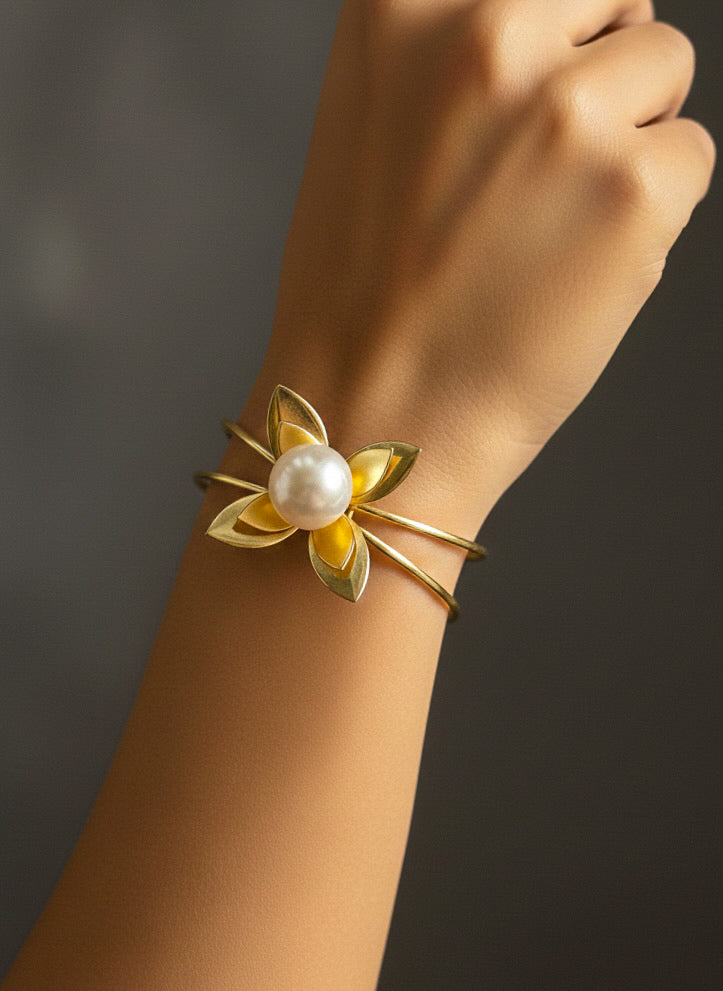 Pearl Flower Handmade Brass Cuff Bracelet