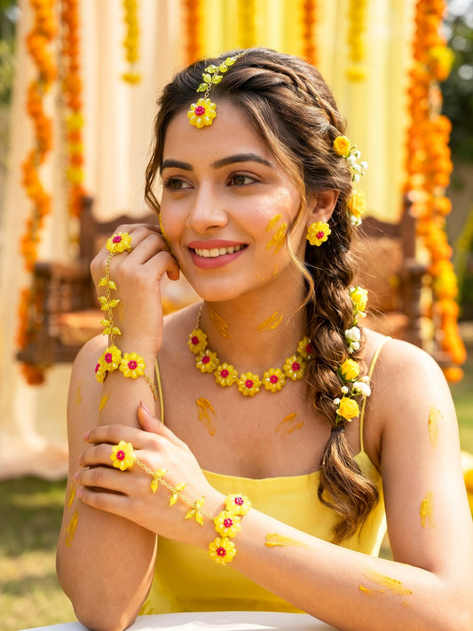 Sparkling Yellow Pink Daisy Flower Handmade Beaded Haldi Jewellery Set (Necklace + Earrings + Hathphools + Maangtika)