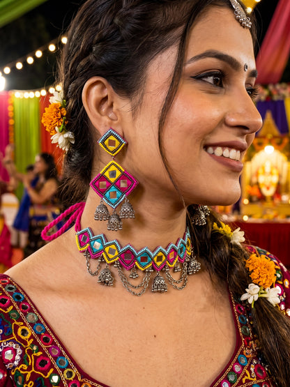 Rangrez Mirror Handmade Beaded Necklace & Earrings Set