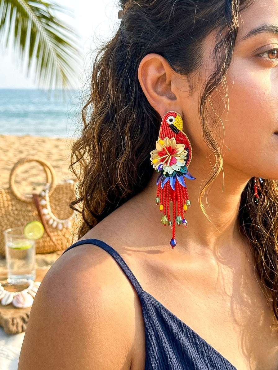 Luxe Paradise Red Parrot Handmade Beaded Bird Earrings
