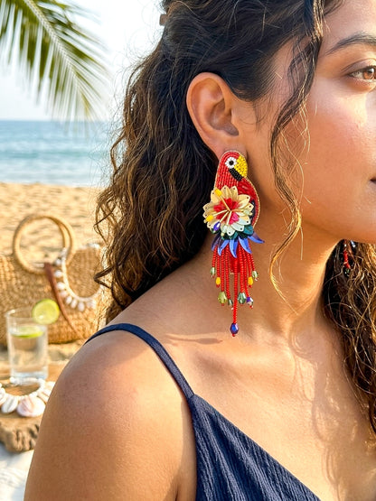 Luxe Paradise Red Parrot Handmade Beaded Bird Earrings