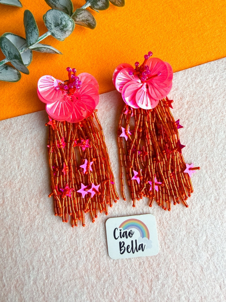Sunset Pink Orange Star Flower Handmade Beaded Earrings