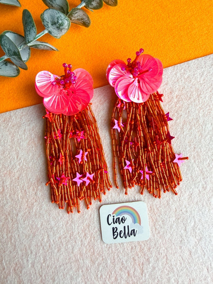 Sunset Pink Orange Star Flower Handmade Beaded Earrings