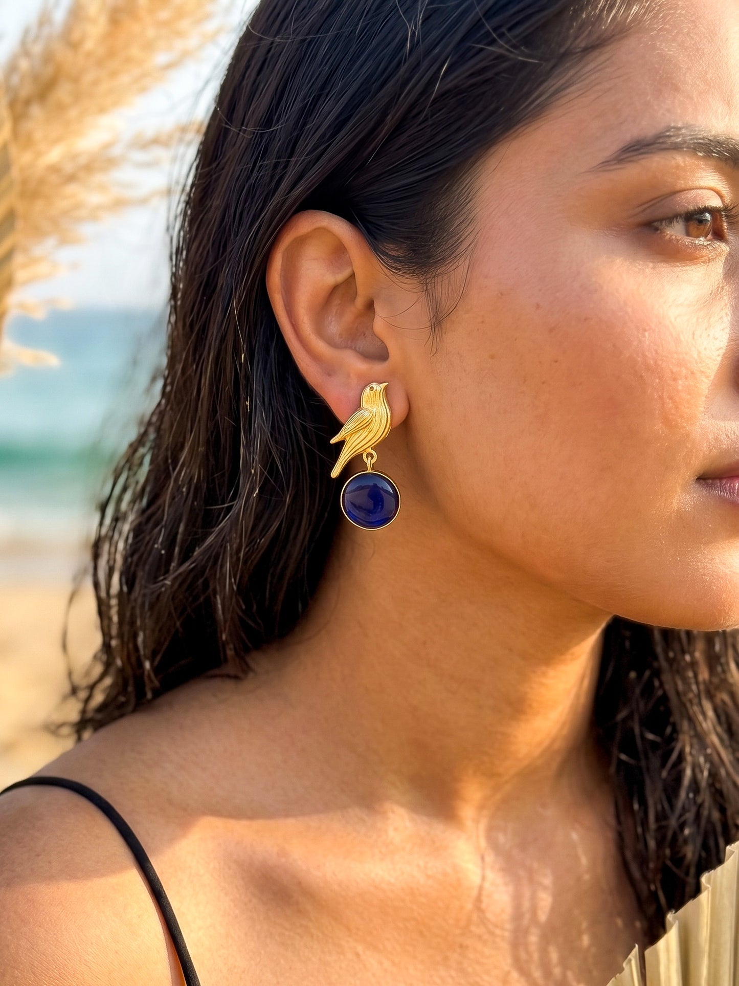 Hello Birdie Handmade Brass Earrings - Blue Round