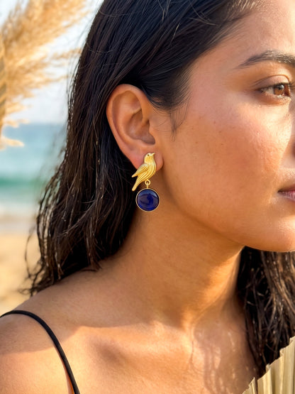 Hello Birdie Handmade Brass Earrings - Blue Round