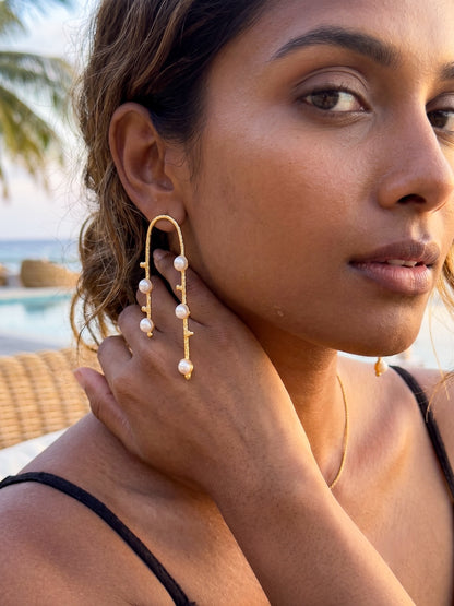 Celestial Arc Pearl Handmade Brass Earrings