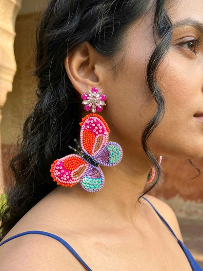 Paradise Sunset Orange Pink Handmade Beaded Butterfly Earrings