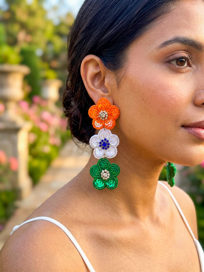 Tiranga Blossom Flower Handmade Tricolour Beaded Earrings