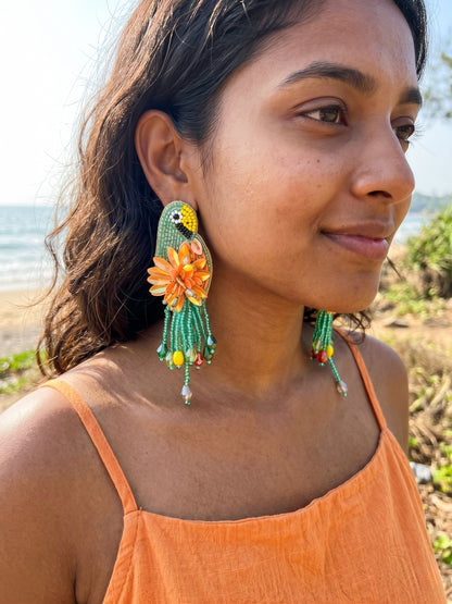 Luxe Paradise Teal Mint Lagoon Orange Parrot Handmade Beaded Bird Earrings