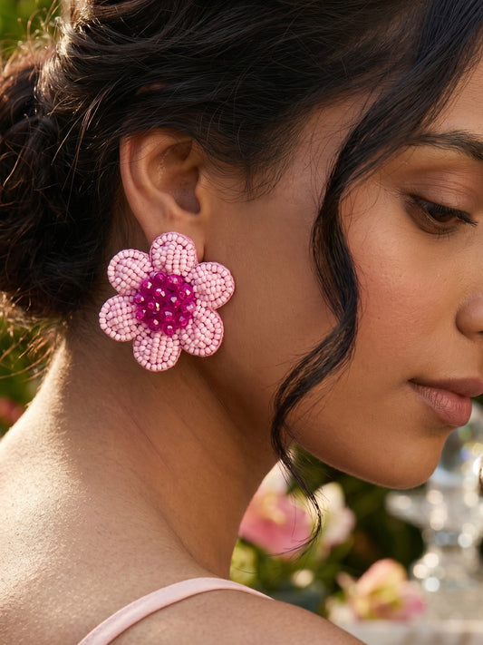 Blush Pink Flower Stud Handmade Beaded Earrings