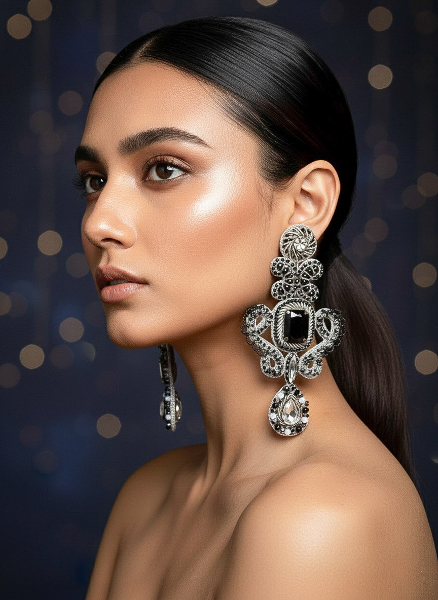 Aashna Silver Black Handmade Beaded Statement Earrings