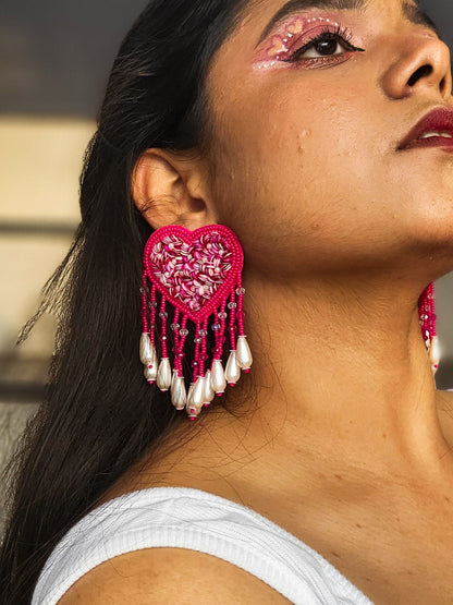 Hot Pink Heart Drop Handmade Beaded Tassel Earrings