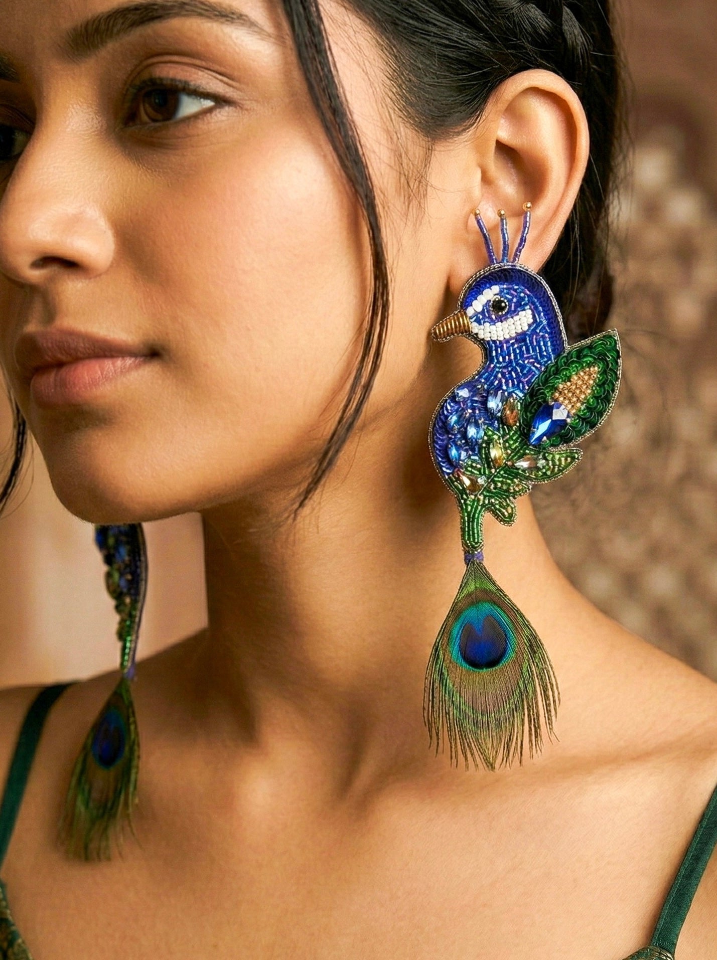 Regal Peacock Blue Green Handmade Beaded Bird Earrings