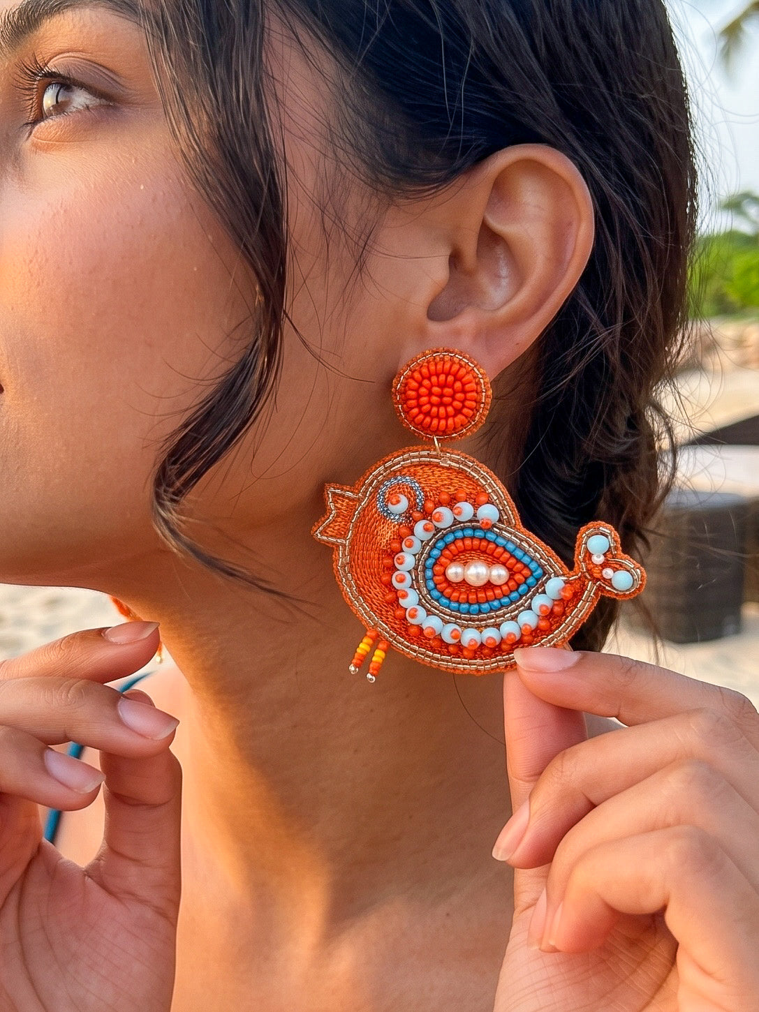 Chirpy Birdie Orange Handmade Beaded Earrings