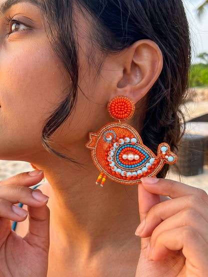 Chirpy Birdie Orange Handmade Beaded Earrings
