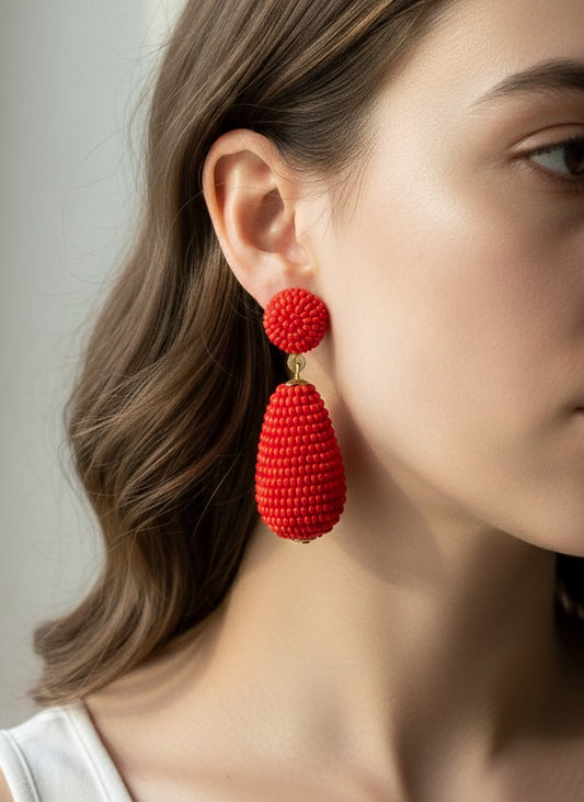 Scarlet Red Drop Handmade Beaded Earrings