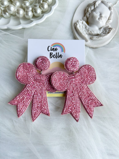 Blush Pink Bow Handmade Beaded Earrings