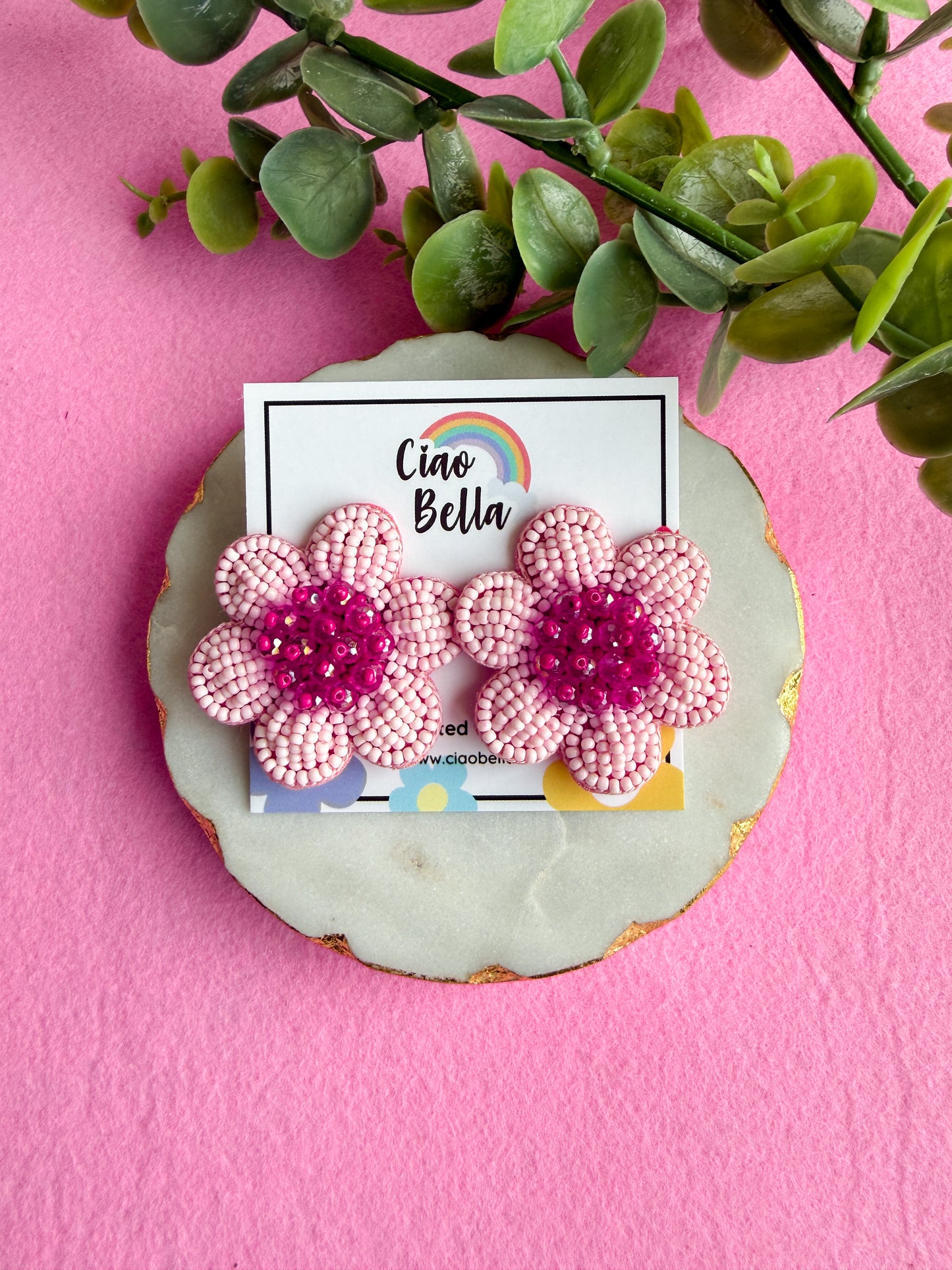 Blush Pink Flower Stud Handmade Beaded Earrings