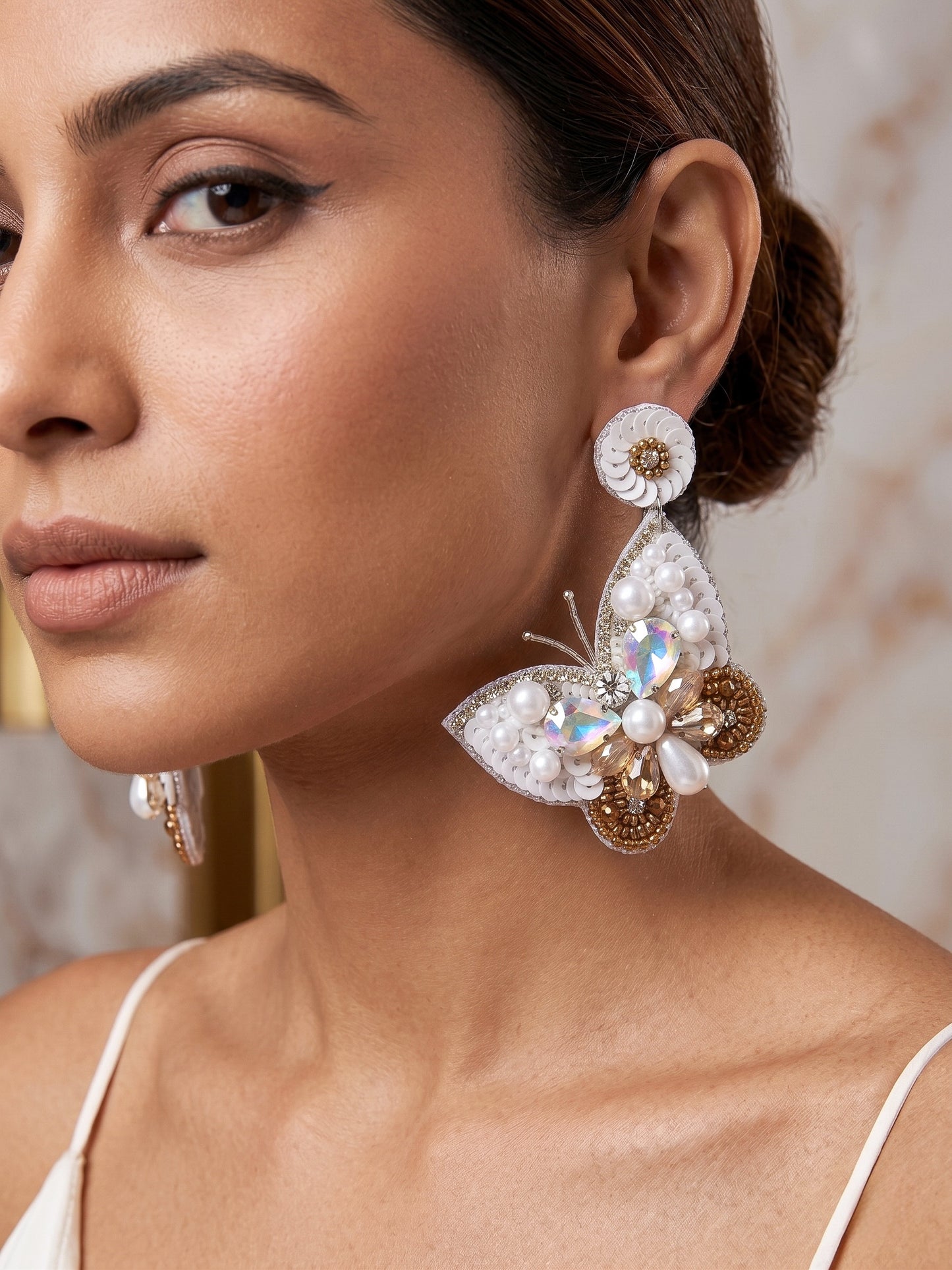 Luxe Crystal White Handmade Beaded Butterfly Earrings