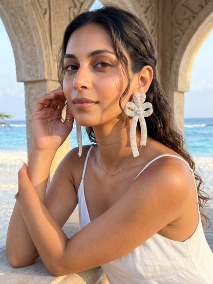 Glam Bow (Silver) Handmade Beaded Earrings