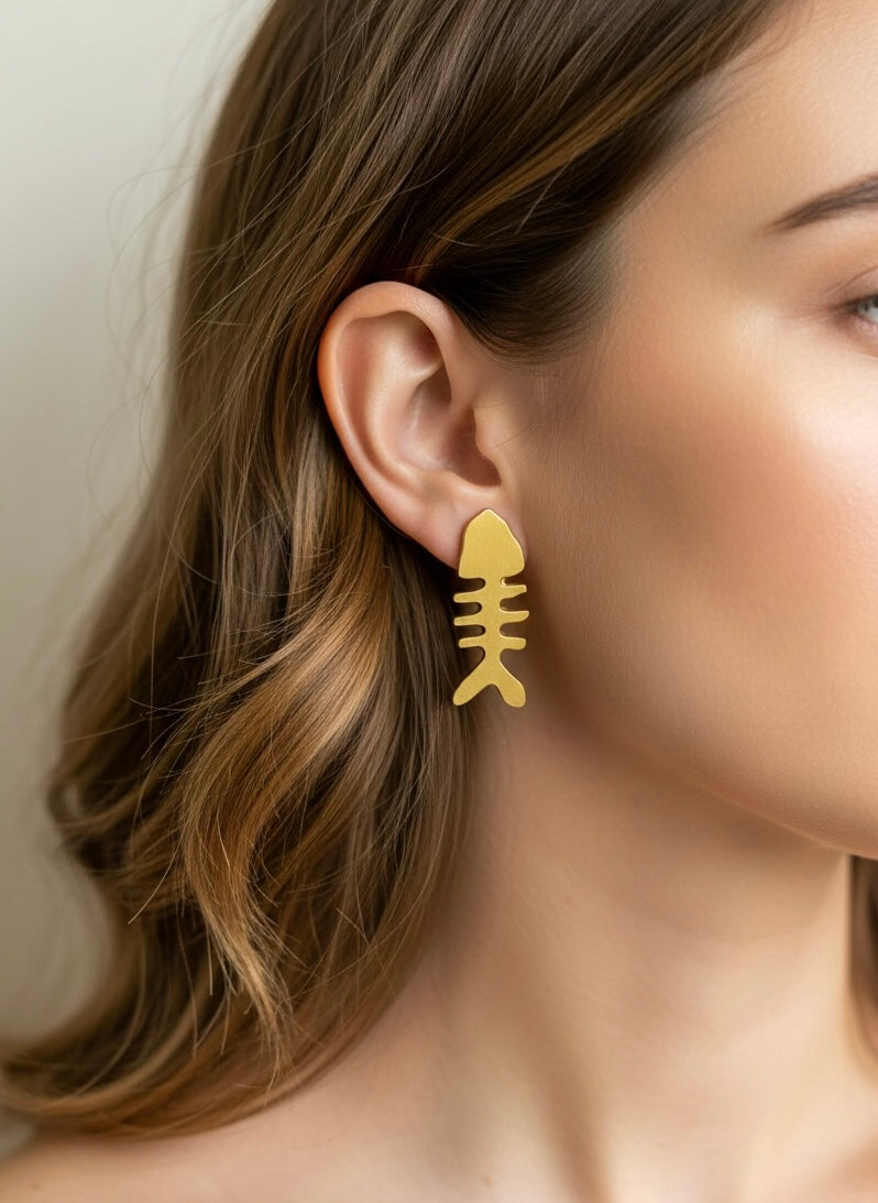 Fish Bone Handmade Brass Stud Earrings