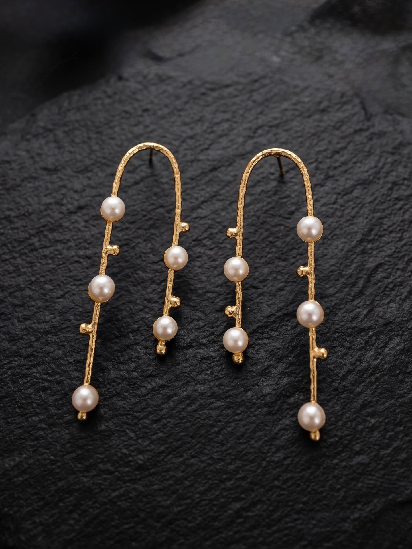 Celestial Arc Pearl Handmade Brass Earrings