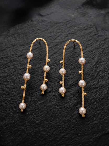Celestial Arc Pearl Handmade Brass Earrings