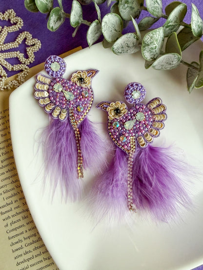 Glamorous Lilac Birdies Handmade Beaded Bird Earrings