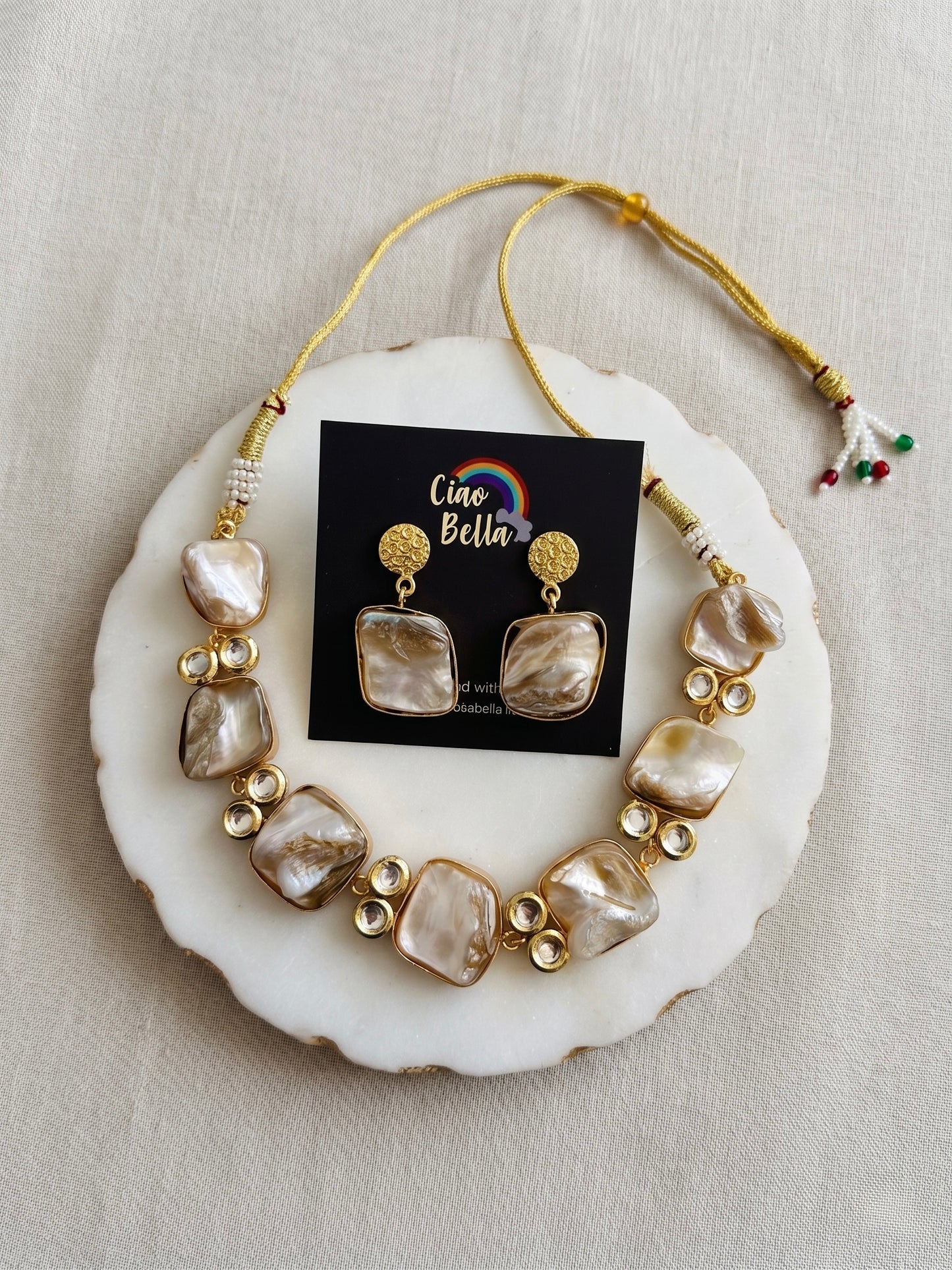 Mother Of Pearl Kundan Handmade Brass Necklace Set