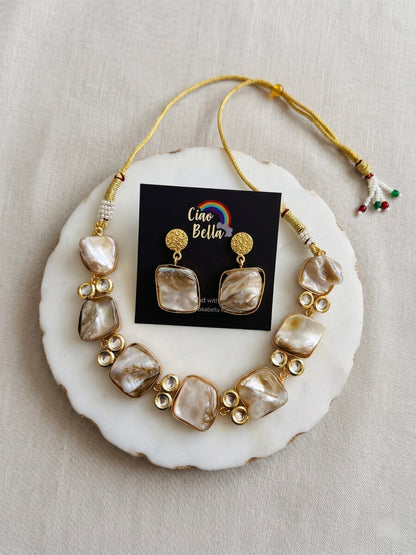 Mother Of Pearl Kundan Handmade Brass Necklace Set