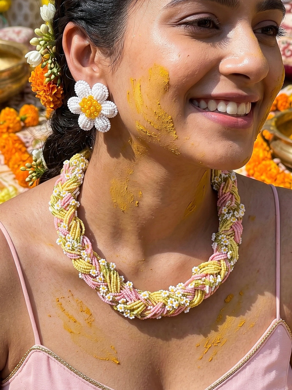 Luxe Flora Pink Yellow Handmade Beaded Necklace + Earrings Set
