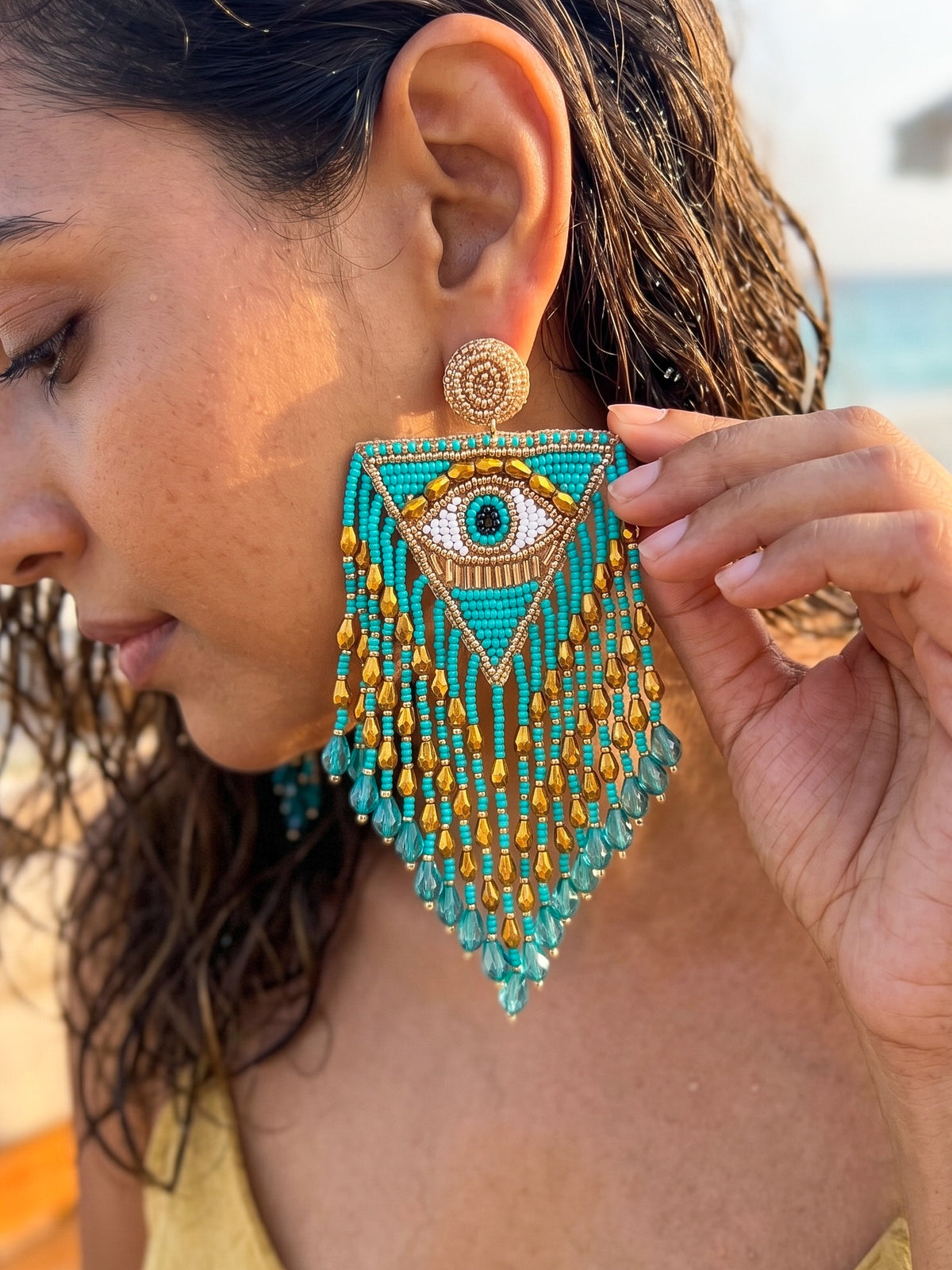 Luxe Evil Eye Teal Blue Handmade Beaded Tassel Earrings