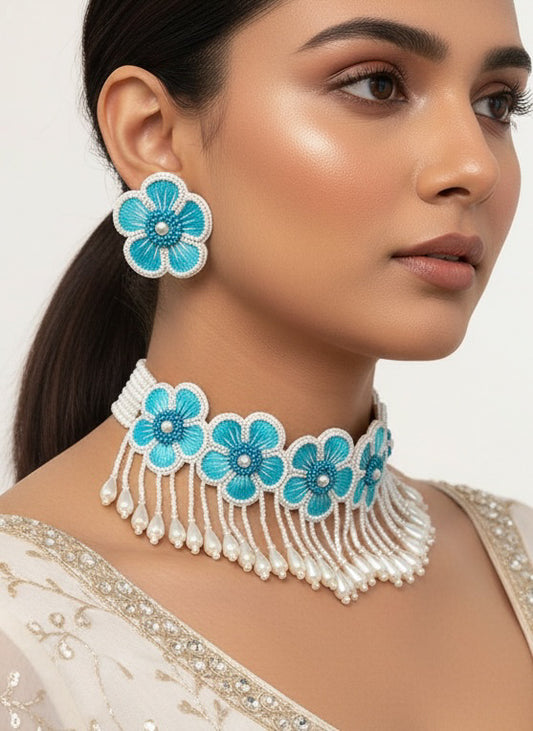 Cool Blue Blossom Handmade Choker Necklace + Earrings Set