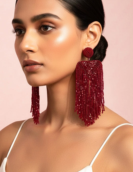 Luxe Deep Red Handmade Beaded Tassel Earrings