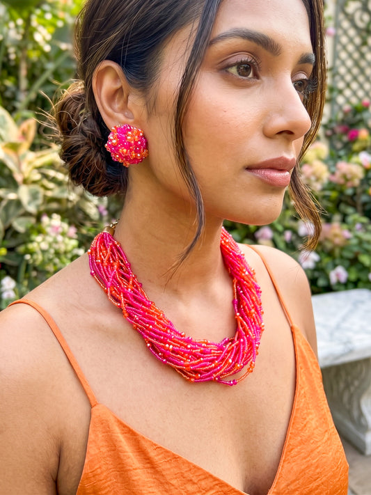 Gulnar Pink Orange Handmade Beaded Necklace + Earrings Set