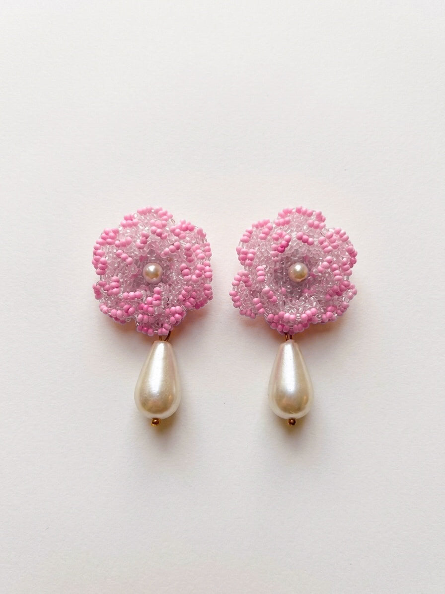 Crochet Blush Pink 3D Rose Pearl Drops Flower Handmade Beaded Earrings