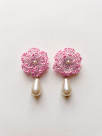 Crochet Blush Pink 3D Rose Pearl Drops Flower Handmade Beaded Earrings