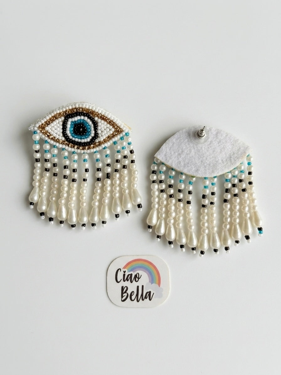 Mystic Evil Eye White Tassel Handmade Beaded Earrings