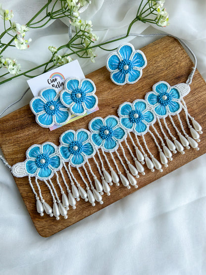 Cool Blue Blossom Handmade Necklace + Earrings + Ring Set