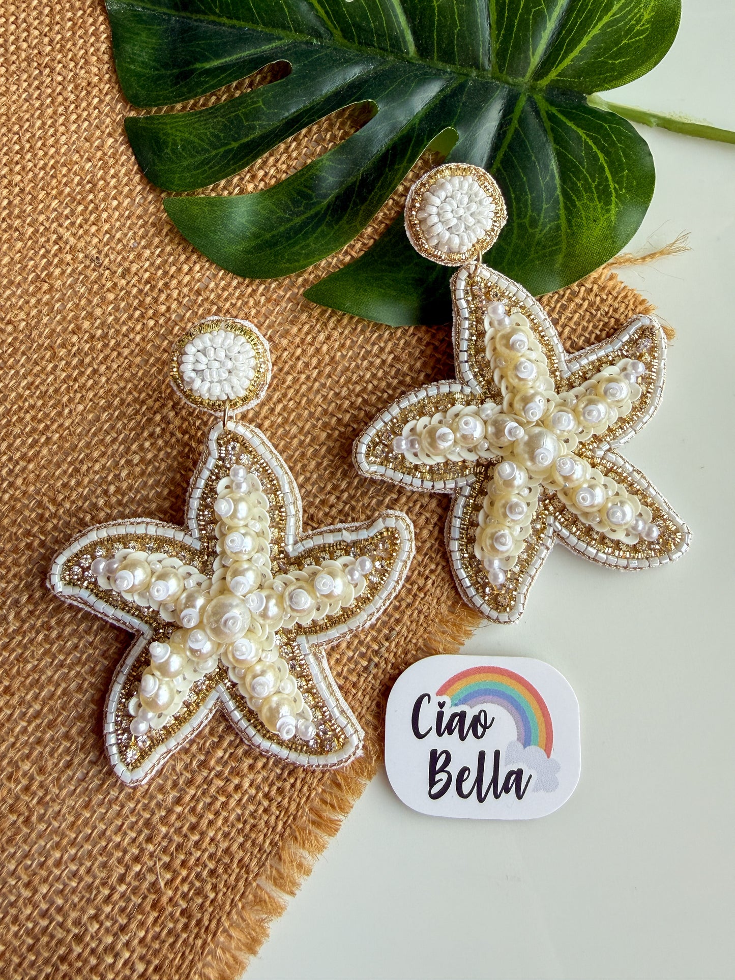 Ivory Pearl Glam Starfish Handmade Beaded Earrings