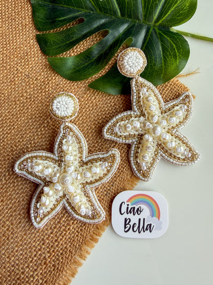 Ivory Pearl Glam Starfish Handmade Beaded Earrings