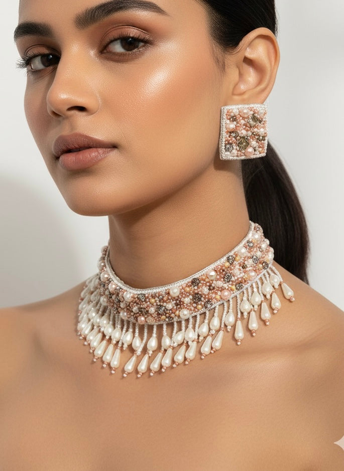 Blushing Rose Gold Handmade Beaded Choker Set