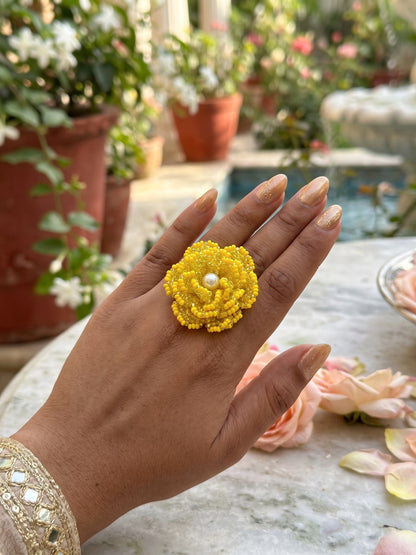 Crochet Yellow 3D Rose Flower Handmade Beaded Ring