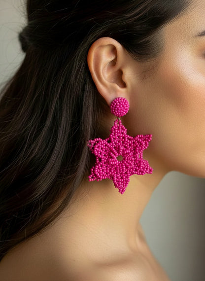 Fuchsia Delicate Snowflake Handmade Beaded Earrings