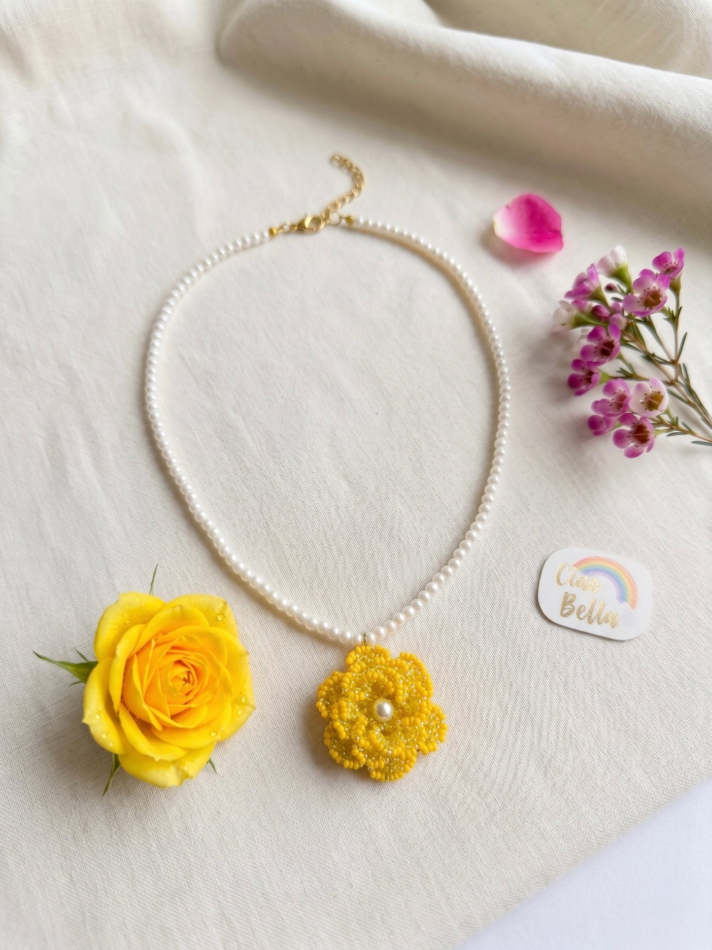 Crochet Yellow 3D Rose Flower Handmade Beaded Necklace