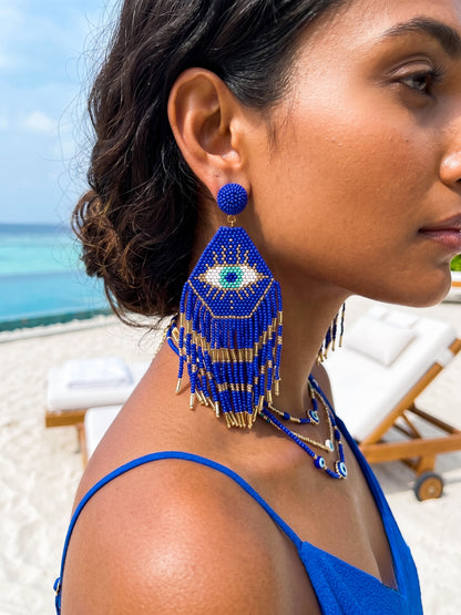 Nazarbattu Blue Evil Eye Handmade Beaded Tassel Earrings
