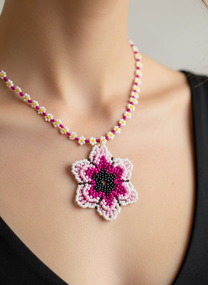 Blossoming Pink Flower Handmade Beaded Necklace